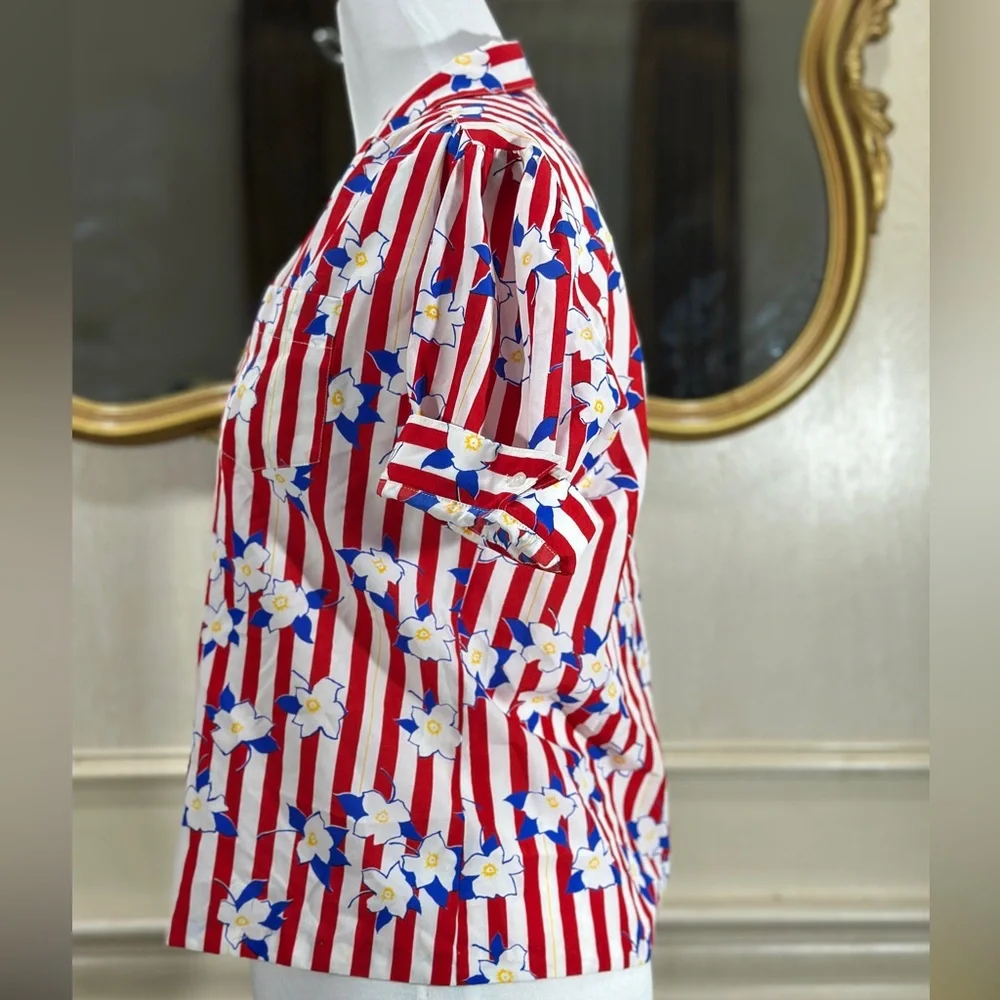 Vintage Silkhana Red White Striped Floral Button-Up Shirt | 80s 90s Blouse M - Picture 4 of 10